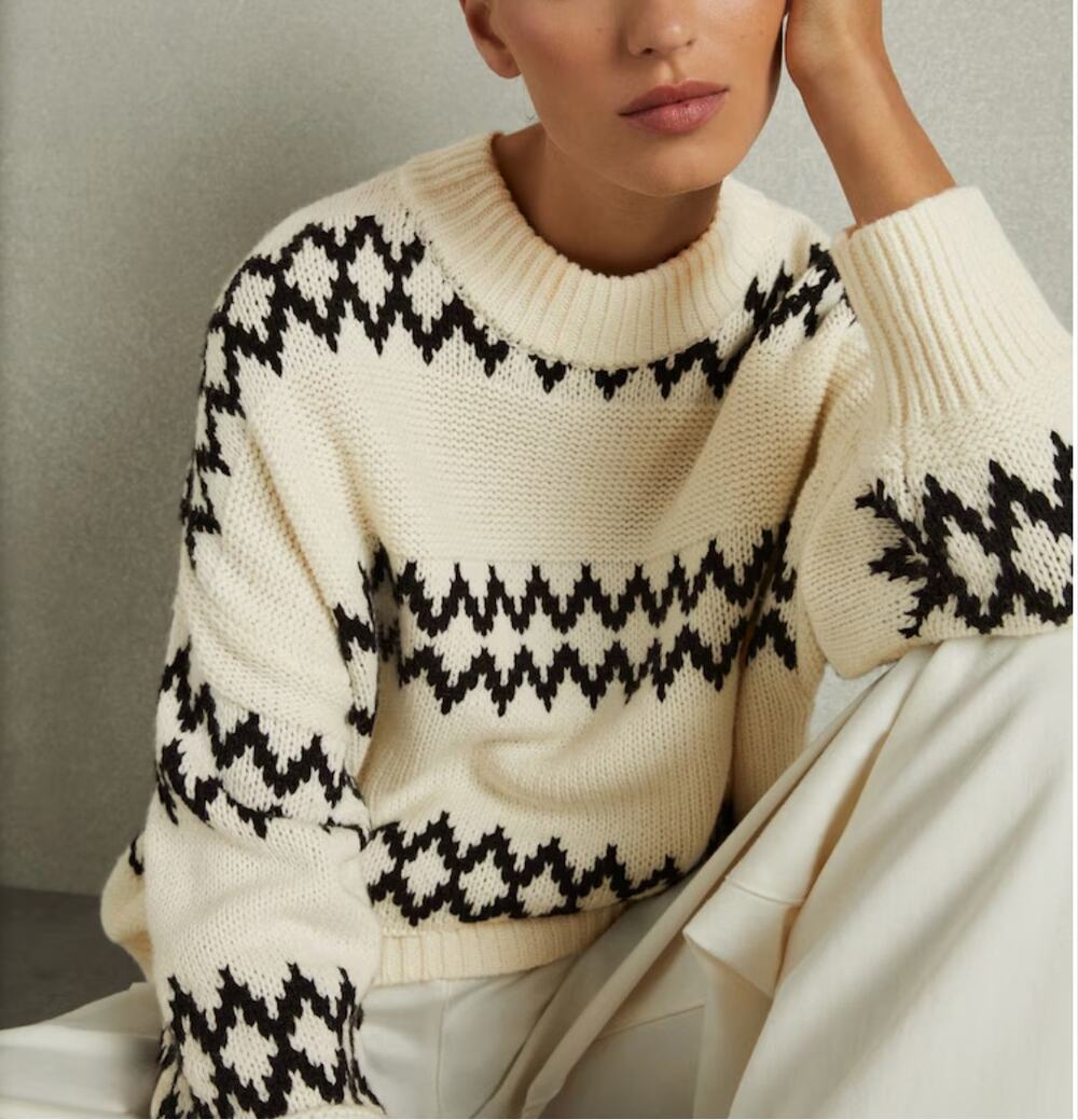 Reiss White Black  Fair Isle Sweater XS Soft Wool Blend Super Oversized $250